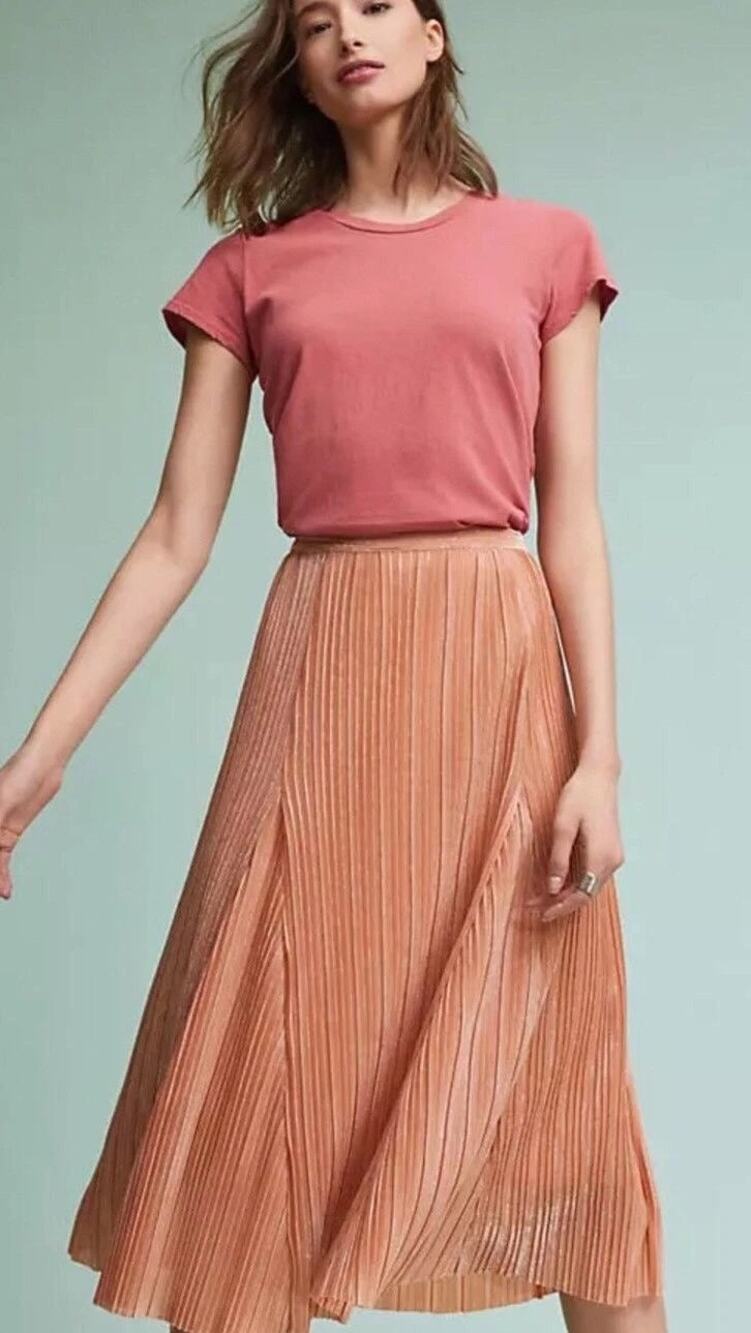 Anthropologie Maeve Peach/Gold Metallic Pleated Midi Skirt Size Medium